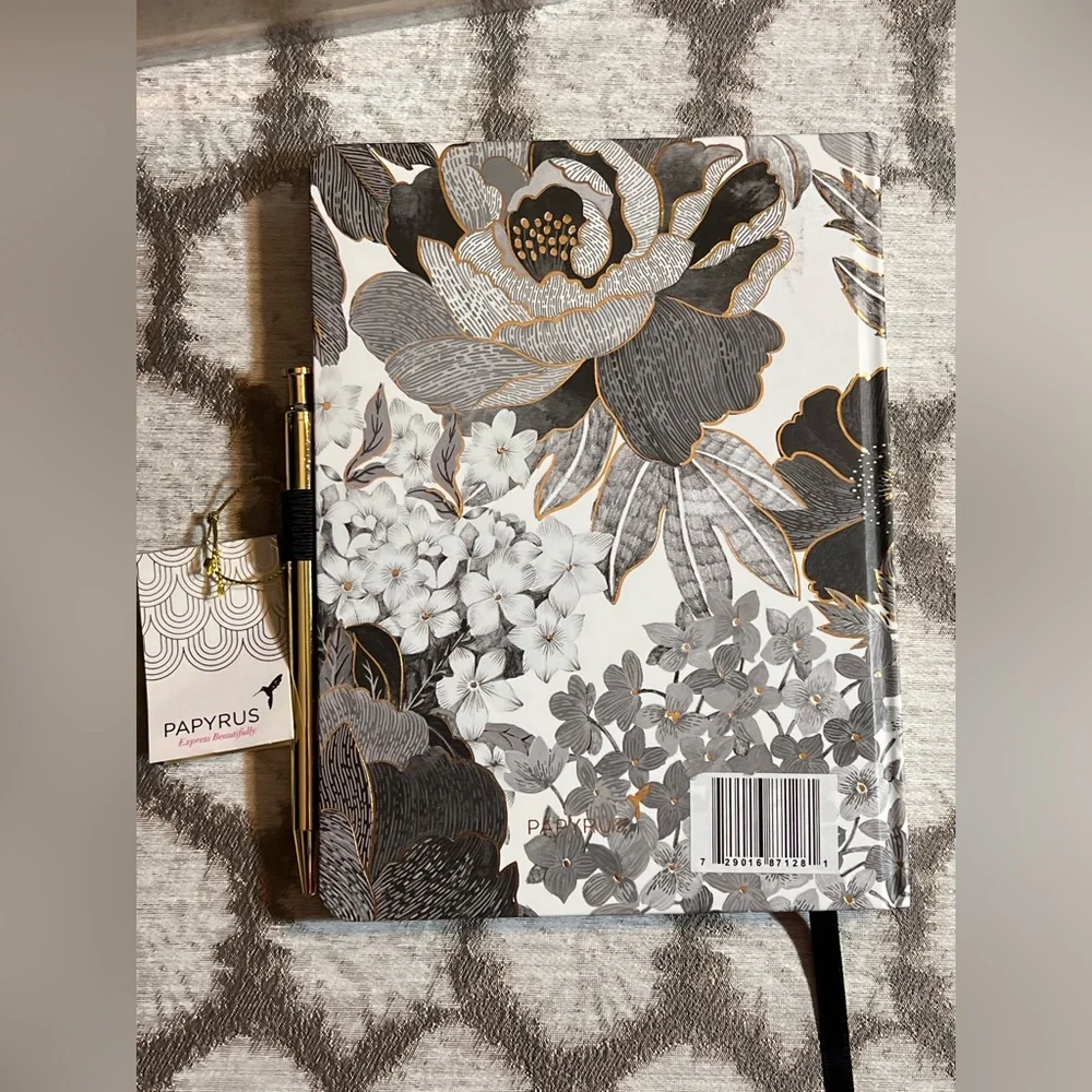 Papyrus Black and White Floral Notebook with Gold Pen Holder